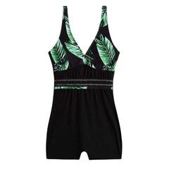 Contrast leaf pattern v neck hollow out one piece swimwear