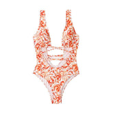 Low cut contrast print self tie hollow out one piece swimwear