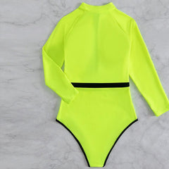 Zip-up contrast long sleeve belt one piece swimwear