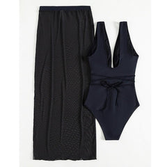 Mesh self tie solid slit hollow out midi skirt one piece swimwear with beach skirt
