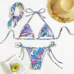 Contrast print hollow out halter self tie 3 piece swimwear