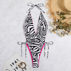Zebra print v neck halter contrast self tie backless one piece swimwear