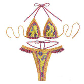 Contrast ruched halter self tie backless print bikini swimwear