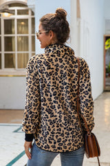 Leopard Stand Collar Buttons Sweatshirt