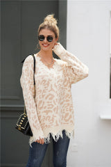 Leopard V Neck Loose Sweater - Blanchedalmond