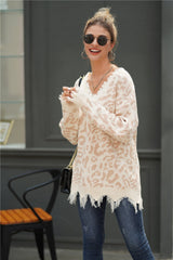Leopard V Neck Loose Sweater - Blanchedalmond