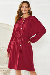 Long Sleeve Mid Length Drawstring Dress