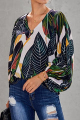 Loose Printed V-neck Lantern Sleeve Top