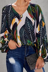 Loose Printed V-neck Lantern Sleeve Top