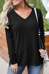 Loose V-collar Plain Long-sleeved T-shirt