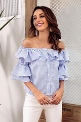 Off Shoulder Flounce Single Breasted Shirt