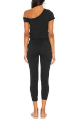 One-shoulder Drawstring Waist Jumpsuit With Pockets