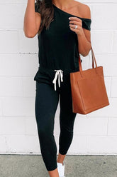 One-shoulder Drawstring Waist Jumpsuit With Pockets