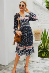 Paisley V Neck Long-sleeved Dress