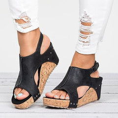 Peep Toe Pu Blocking Hook-loop Wedge Sandals
