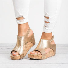 Peep Toe Pu Blocking Hook-loop Wedge Sandals