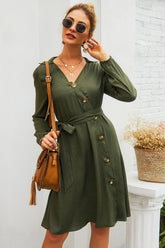 Plain Single Breasted Belt Dress