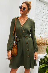 Plain Single Breasted Belt Dress