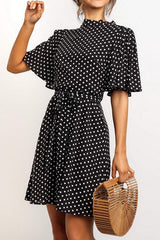 Polka Dot Printed Chiffon Dress with High Waist