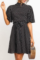 Polka Dot Printed Chiffon Dress with High Waist