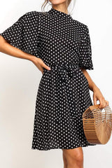 Polka Dot Printed Chiffon Dress with High Waist