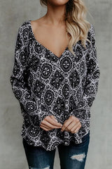 Printed Chiffon V-neck Long-sleeved Shirt
