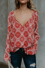 Printed Chiffon V-neck Long-sleeved Shirt