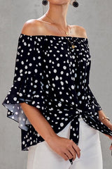 Printed Off-the-shoulder Cropped Sleeves Knotted Top