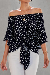 Printed Off-the-shoulder Cropped Sleeves Knotted Top