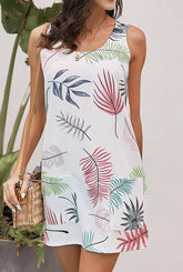 Printed Round Collar Sleeveless Pocket Dress