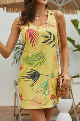 Printed Round Collar Sleeveless Pocket Dress