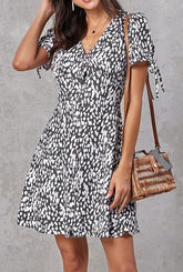 Printed V-neck Single-row Button Short Sleeve High Waist Loose Dress