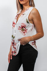 Printed Zipper V-neck Irregular T-shirt