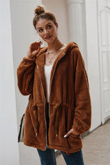 Pure Color Plush Hooded Zipper Coat