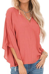 Pure Colour Loose V-neck Bat Sleeve Casual T-shirt