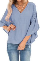 Pure Colour Loose V-neck Bat Sleeve Casual T-shirt
