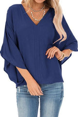 Pure Colour Loose V-neck Bat Sleeve Casual T-shirt