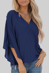 Pure Colour Loose V-neck Bat Sleeve Casual T-shirt