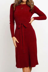 Round Neck Belt Long-sleeved Dress