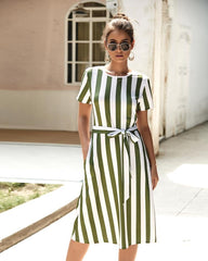 Round Neck Belt Striped Mid Dress