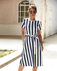 Round Neck Belt Striped Mid Dress