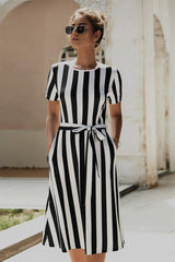 Round Neck Belt Striped Mid Dress