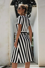 Round Neck Belt Striped Mid Dress