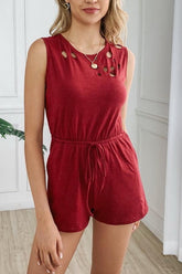 Round-necked Pocket Drawstring Waist Jumpsuit