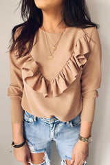 Ruffle Round Neck Long Sleeve Top