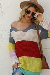 U-neck Contrast Patchwork With Torn Hem Pullover