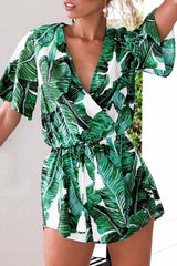 V Neck Green Leaves Tie Waist Romper