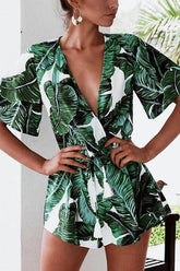 V Neck Green Leaves Tie Waist Romper