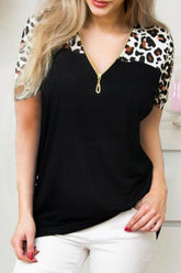 V-neck Leopard Zipper Short Sleeve T-shirt