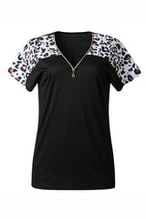 V-neck Leopard Zipper Short Sleeve T-shirt